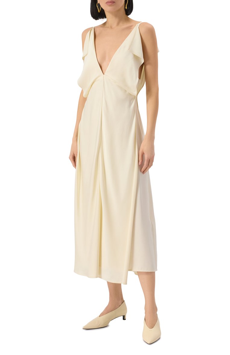 Женское атласное платье JIL SANDER кремового цвета, арт. J02CT0469-J76018 | Фото 3 (Длина Ж (юбки, платья, шорты): Миди; Материал внешний: Синтетический материал; Случай: Повседневный; Женское Кросс-КТ: Платье-одежда; Стили: Минимализм; Автоматизация состава: Проставлено; Автоматизация ТО: Проставлено; Рукава: На бретелях)