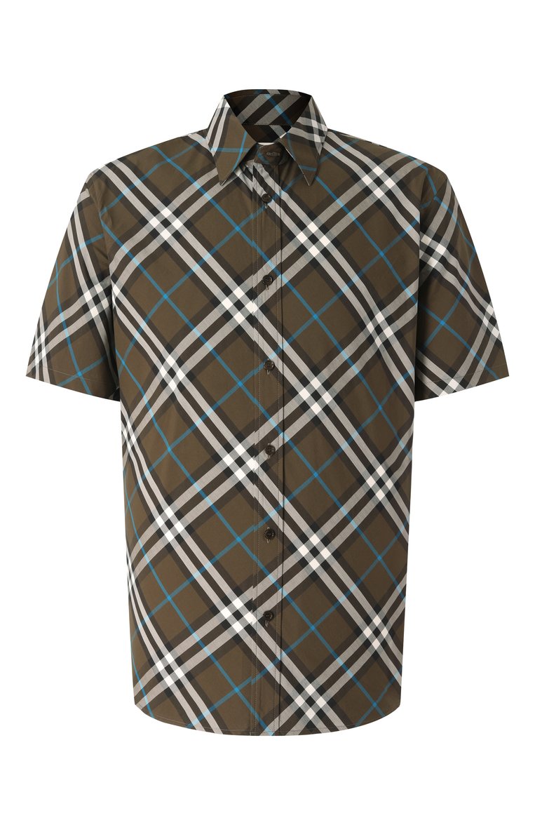 Мужская хлопковая рубашка BURBERRY хаки цвета, арт. 8099224 | Фото 1 (Рукава: Короткие; Материал сплава: Проставлено; Драгоценные камни: Проставлено; Длина (для топов): Стандартные; Воро�тник: Кент; Принт: Клетка; Стили: Кэжуэл; Случай: Повседневный; Материал внешний: Хлопок)