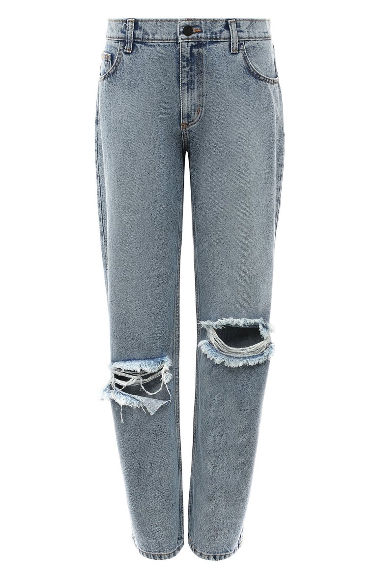 Женские джинсы THE MANNEI голубого цвета, арт. GAMBI RIPPED B0YFRIEND JEANS PANTS | Фото 1 (Кросс-КТ: Деним; Длина (брюки, джинсы): Стандартные; Стили: Гранж; Материал сплава: Проставлено; Материал внешний: Хлопок, Деним; Силуэт Ж (брюки и джинсы): Слим; Драгоценные камни: Проставлено)