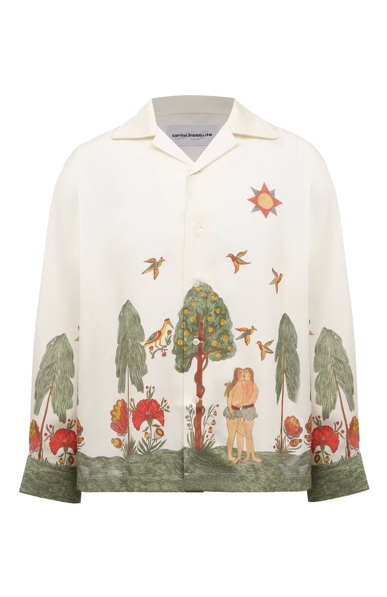 Мужская рубашка CARNE BOLLENTE белого цвета, арт. AW23LS0202 | Фото 1 (Длина (для топов): Стандартные; Рукава: Длинные; Стили: Гранж; Манжеты: На пуговицах; Случай: Повседневный; Принт: С принтом; Воротник: Отложной; Материал внешний: Вискоза)
