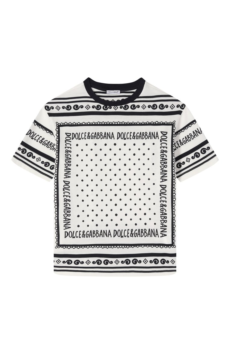 Детская хлопковая футболка DOLCE & GABBANA черно-белого цвета, арт. L4JTHV/II7FZ/8-14 | Фото 1 (Рукава: Короткие; Мальчики Кросс-КТ: Футболка-одежда; Материал внешний: Хлопок; Автоматизация состава: Проставлено; Автоматизация ТО: Проставлено; Ростовка одежда: 13 - 15 лет | 158 см, 16 лет | 164 см, 8 лет | 128 см, 10 - 11 лет | 140 - 146см)