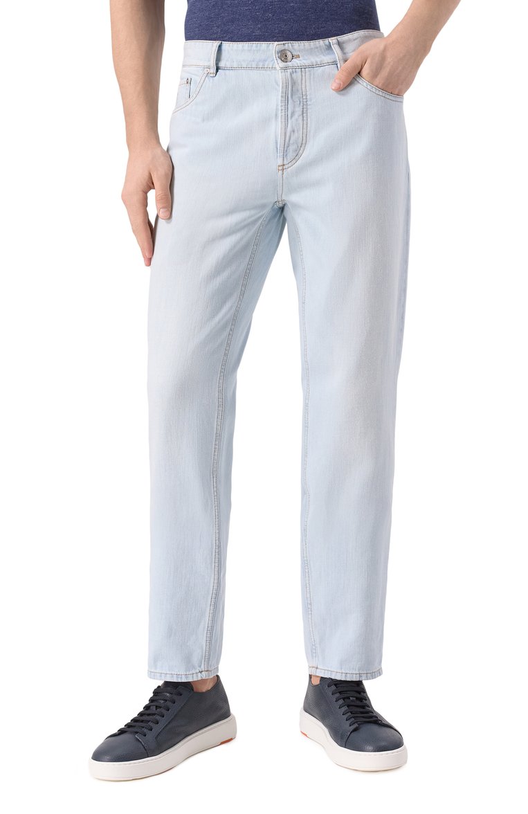 Мужские джинсы traditional fit BRUNELLO CUCINELLI голубого цвета, арт. M0Z37B3210 | Фото 3 (Материал внешний: Хлопок, Деним; Длина (брюки, джинсы): Стандартные; Стили: Повседневный; Кросс-КТ: Деним; Силуэт М (брюки): Прямые; Автоматизация ТО: Проставлено; Автоматизация состава: Проставлено; Детали: Без декора; Размерность: Идёт в размер)