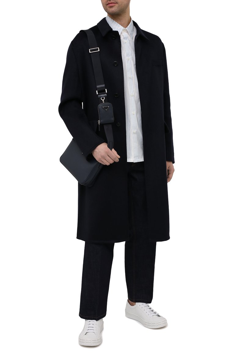 Мужская хлопковая рубашка PRADA голубого цвета, арт. UCN123-1YKG-F0076-192 | Фото 2 (Материал внешний: Хлопок; Рукава: Длинные; Длина (для топов): Стандартные; Принт: Полоска; Воротник: Кент; Стил�и: Кэжуэл; Случай: Повседневный; Рубашки М: Classic Fit; Манжеты: На пуговицах; Автоматизация ТО: Проставлено; Автоматизация состава: Проставлено; Детали: Декор)