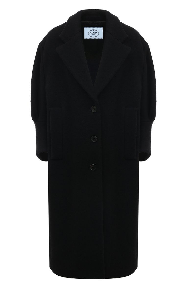 Женское пальто из шерсти и кашемира PRADA черного цвета, арт. P682O-1ZY1-F0002-212 | Фото 1 (Длина (верхняя одежда): До колена; Материал внешний: Шерсть; Рукава: Длинные; 1-2-бортные: Однобортные; Стили: Кэжуэл; Автоматизация состава: Проставлено; Автоматизация ТО: Проставлено)