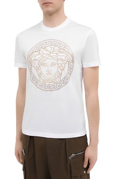 Мужская хлопковая футболка VERSACE белого цвета, арт. A77987/A201952 | Фото 3 (Рукава: Короткие; Длина (для топов): Стандартные; Принт: С принтом; Материал сплава: Проставлено; Материал внешний: Хлопок; Драгоценные камни: Проставлено; Стили: Кэжуэл)