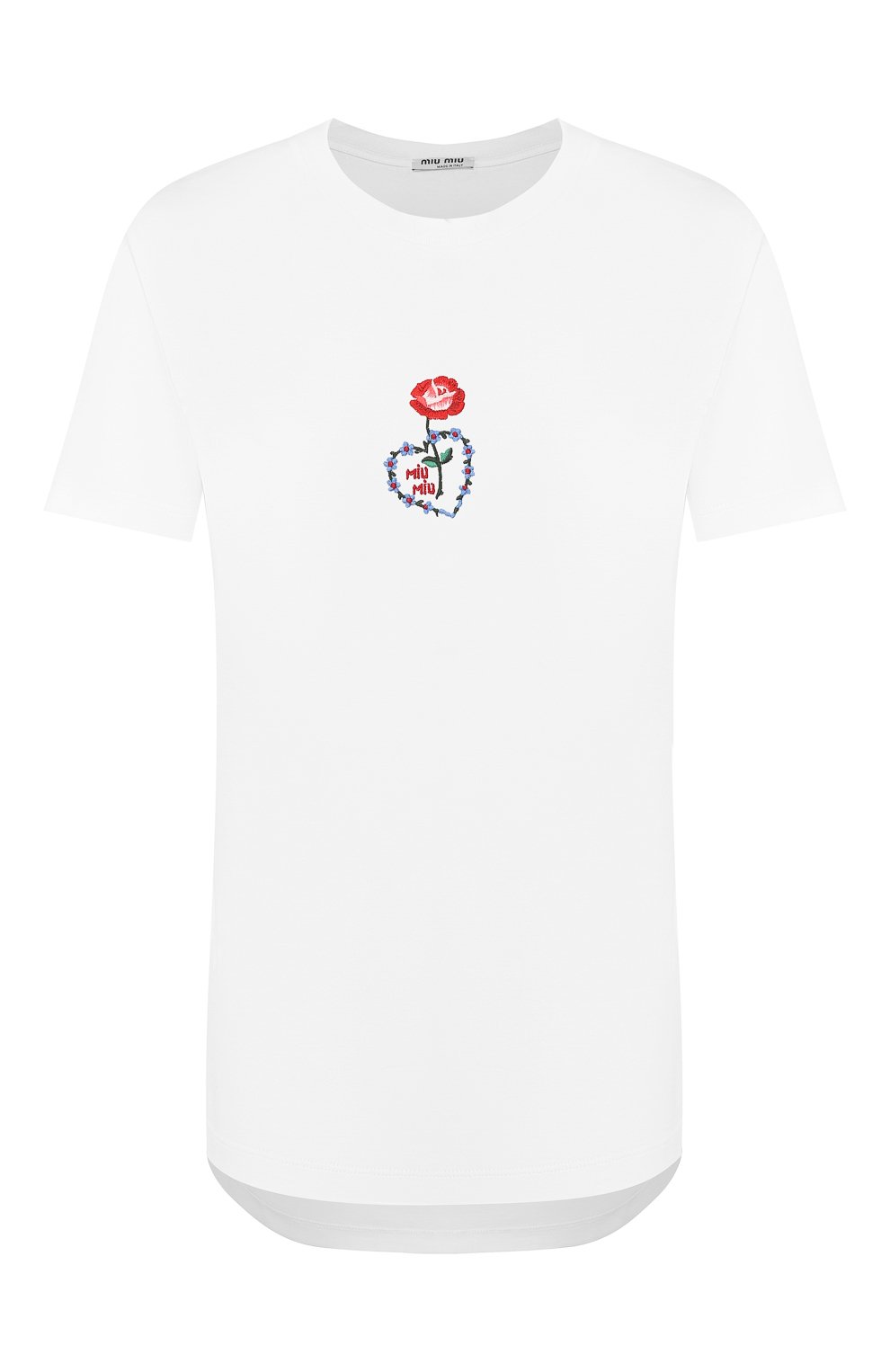 Хлопковая футболка MIU MIU белого цвета по цене 33500 руб., арт. MJN180-1V6F-F0009, фото 1 Хлопковая футболка MIU MIU, арт. MJN180-1V6F-F0009, фото 1
