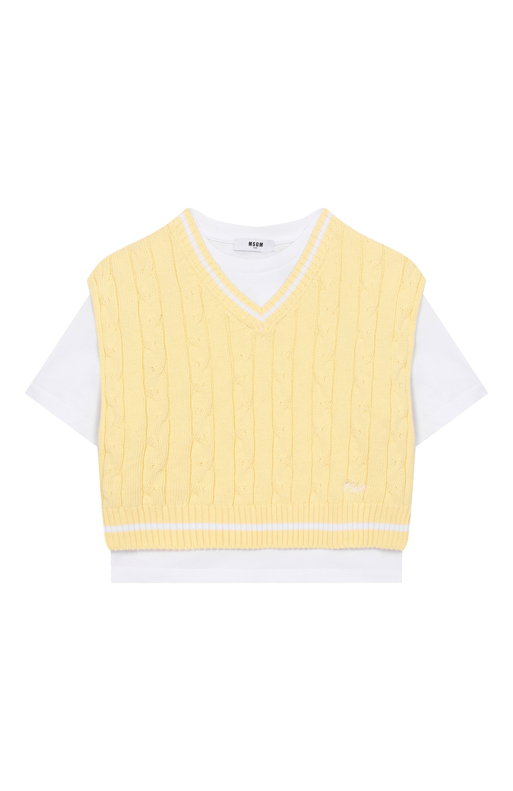 Хлопковый жилет MSGM KIDS желтого цвета по цене 16200 руб., арт. S6MSJGTH034, фото 1 Хлопковый жилет MSGM KIDS, арт. S6MSJGTH034, фото 1