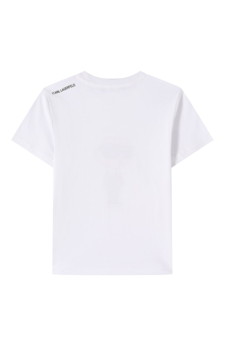 Детская хлопковая футболка KARL LAGERFELD KIDS белого цвета, арт. Z30437 | Фото 2 (Рукава: Короткие; Драгоценные камни: Проставлено; Материал сплава: Проставлено; Материал внешний: Хлопок; Мальчики Кросс-КТ: Футболка-одежда; Ростовка одежда: 9 лет | 134 см, 7 лет | 122 см, 13 - 15 лет | 158 см, 16 лет | 164 см, 12 лет | 152 см)