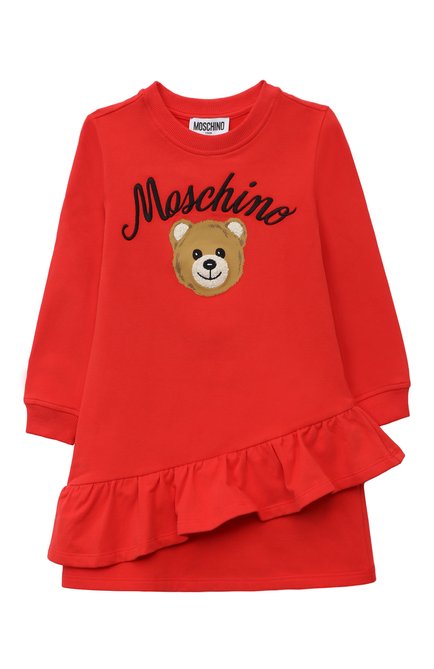 Детское хлопковое платье MOSCHINO красного цвета, арт. HAV0C0/LDA55/10A-14A | Фото 1 (Драгоценные камни: Проставле�но; Рукава: Длинные; Материал сплава: Проставлено; Материал внешний: Хлопок)