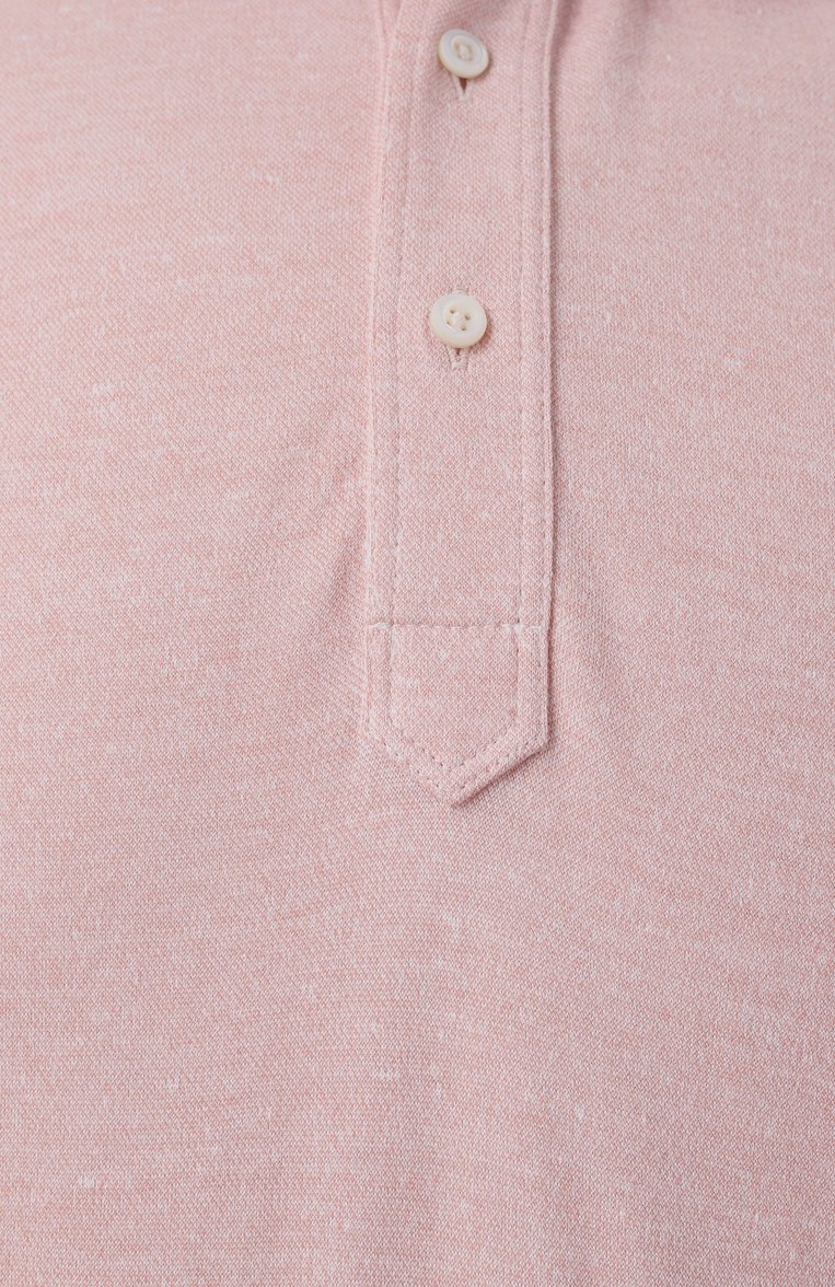 Мужское поло из хлопка и льна BRUNELLO CUCINELLI розового цвета, арт. MW8623936 | Фото 6 (Рукава: Короткие; Материал внешний: Лен, Хлопок; Драгоценные камни: Проставлено; Материал сплава: Проставлено; Застежка: Пуговицы; Принт: Без принта; Стили: Романтичный, Кэжуэл; Длина (для топов): Удлиненные; Кросс-КТ: Джерси; Мужское Кросс-КТ: Футболка-одежда)
