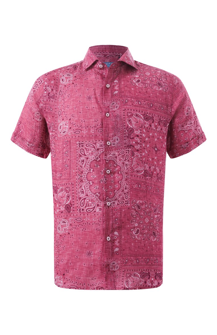 Мужская льняная рубашка FEFE` малинового цвета, арт. LINEN SHIRT (SH0RT SLEVES)/CLX082VAR09 | Фото 1 (Рукав�а: Короткие; Материал внешний: Лен; Длина (для топов): Стандартные; Случай: Повседневный; Принт: С принтом; Стили: Кэжуэл; Воротник: Кент)