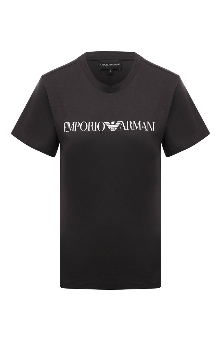 Женская хлопковая футболка EMPORIO ARMANI темно-синего цвета, арт. 8N2T9C/2J53Z | Фото 1 (Длина (для топов): Стандартные; Материал внешний: Хлопок; Рукава: Короткие; Принт: С принтом; Стили: Кэжуэл)