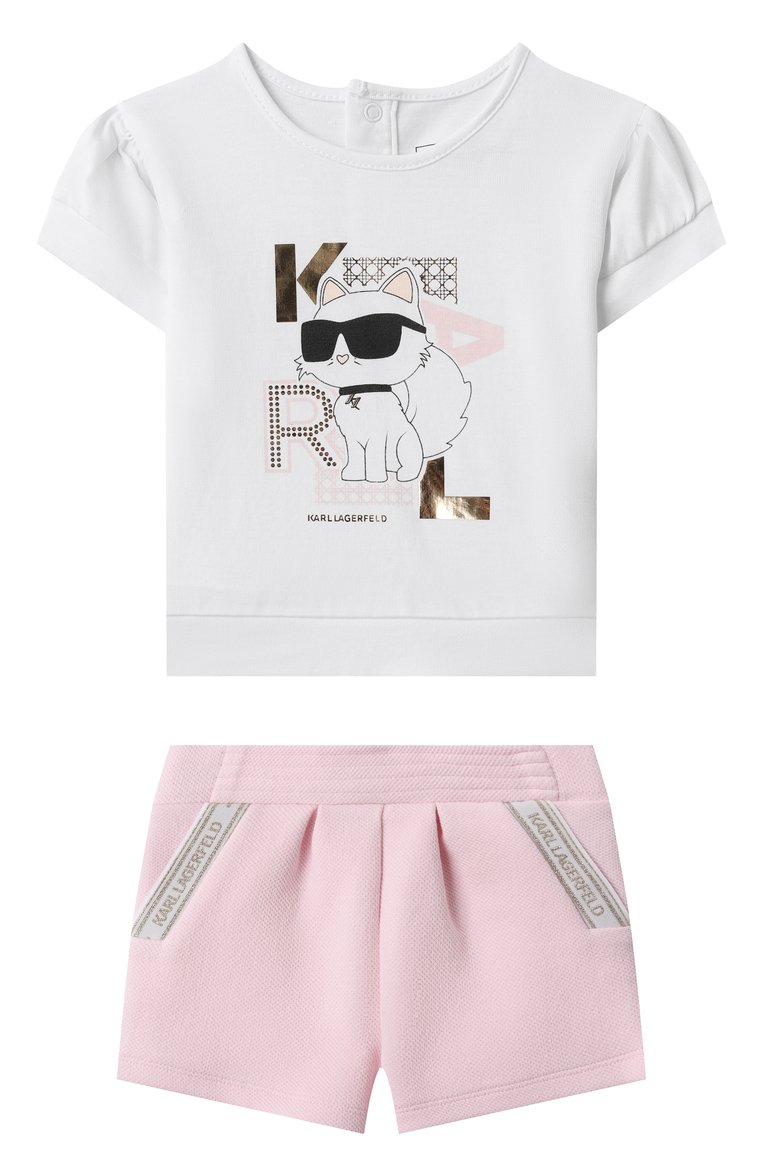 Детский комплект из футболки и шорт KARL LAGERFELD KIDS светло-розового цвета, арт. Z30513 | Фото 1 (Нос: Не проставлено; Кросс-КТ НВ: Костюм; Материал внешний: Хлопок; Ростовка одежда: 9 мес | 74 см, 12 мес | 80 см, 18 мес | 86 см)
