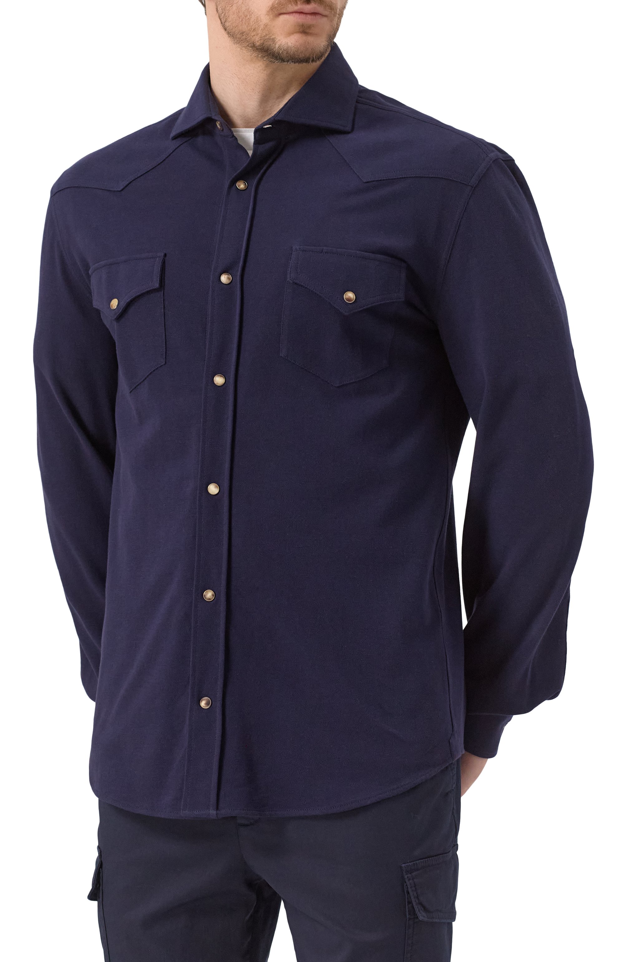 Хлопковая рубашка BRUNELLO CUCINELLI темно-синего цвета по цене 121500 руб., арт. ME854B2268, фото 3 Хлопковая рубашка BRUNELLO CUCINELLI, арт. ME854B2268, фото 3