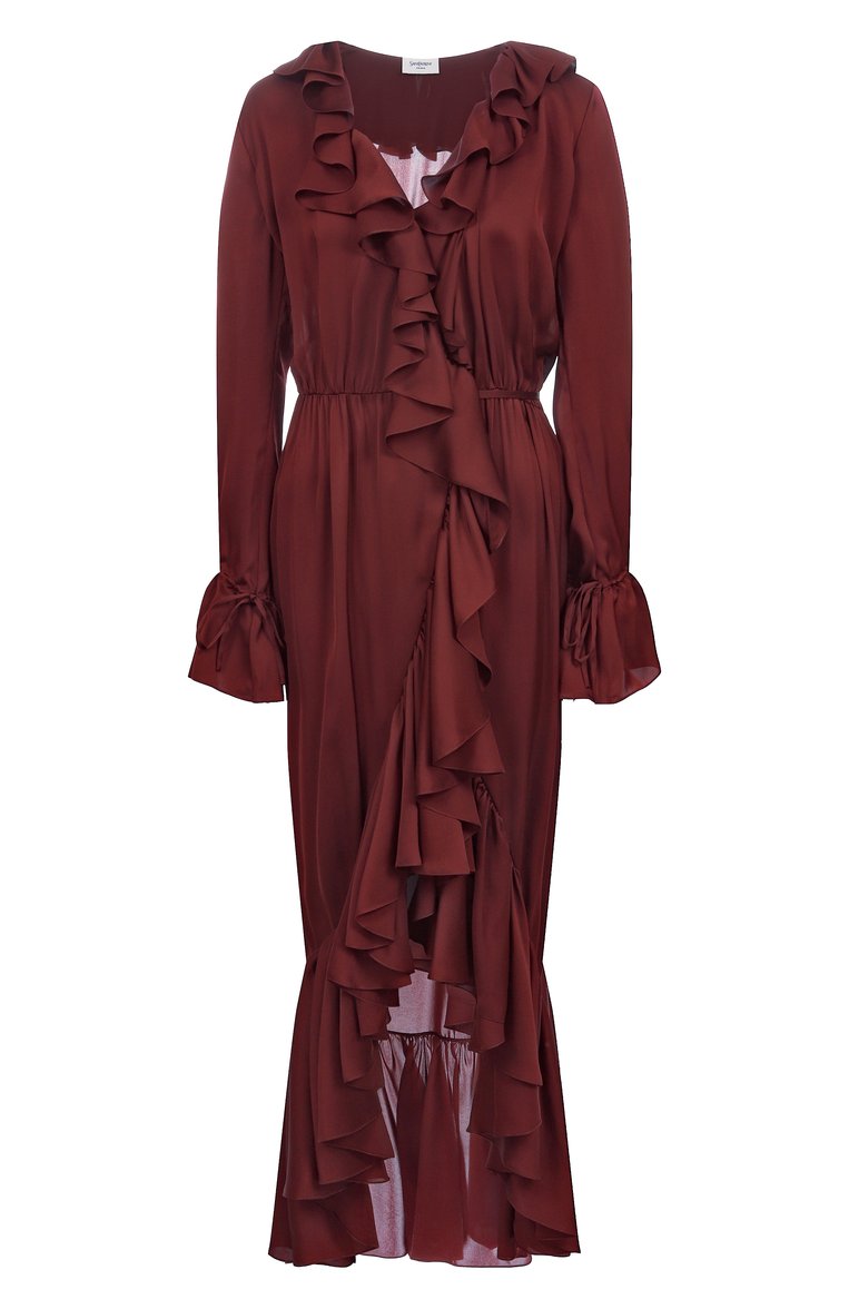 Женское шелковое платье SAINT LAURENT бордового цвета, арт. 814446/Y720W | Фото 1 (Рукава: Длинные; Автоматизация ТО: Проставлено; Материал внешний: Шелк; Длина Ж (юбки, платья, шорты): Макси; Автоматизация состава: Проставлено; Женское Кросс-КТ: Платье-одежда; Случай: Коктейльный; Стили: Кэж�уэл)