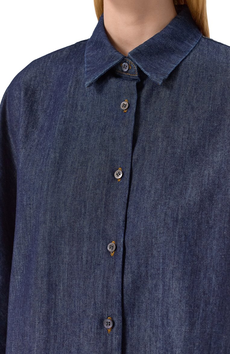 Женская джинсовая рубашка DRIES VAN NOTEN синего цвета, арт. 251-010729-1553 | Фото 5 (Рукава: Длинные; Длина (для топов): Удлиненные; Материал внешний: Хлопок, Деним; Кросс-КТ: костюм, Деним; Принт: Без принта; Стили: Кэжуэл; Женское Кросс-КТ: Рубашка-одежда; Автоматизация состава: Проставлено; Автоматизация ТО: Проставлено)