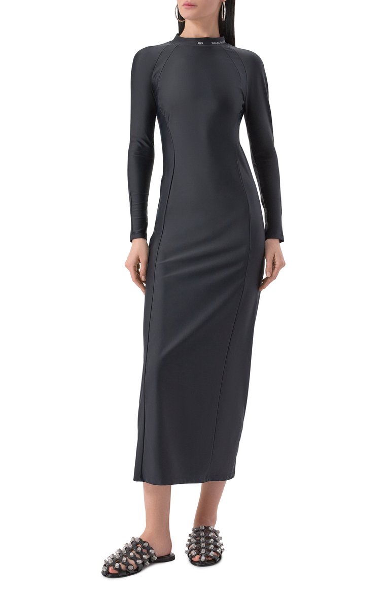 Женское платье ALEXANDERWANG.T черного цвета, арт. 4CC1256293 | Фото 3 (Рукава: Длинные; Длина Ж (юбки, платья, шорты): Миди; Материал внешний: Синтетический материал; Женское Кросс-КТ: Платье-одежда; Случай: Повседневный; Стили: Кэжуэл)