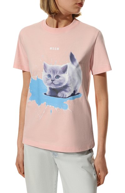 Хлопковая футболка MSGM розового цвета по цене 17600 руб., арт. 3241MDM163 227298, фото 3 Хлопковая футболка MSGM, арт. 3241MDM163 227298, фото 3