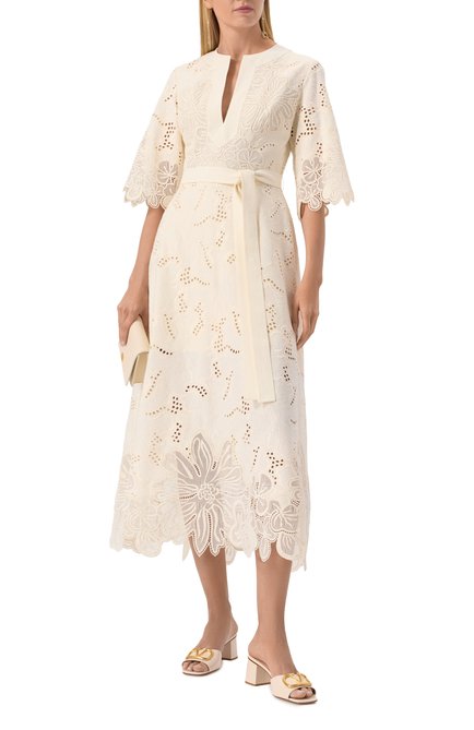 Женское платье ELIE SAAB кремвого цвета, арт. D0498 | Фото 2 (Материал сплава: Проставлено; Материал внешний: Синтетический материал, Хлопок; Рукава: 3/4; Драгоценные камни: Проставлено; Материал подклада: Хлопок; Длина Ж (юбки, платья, шорты): Миди)
