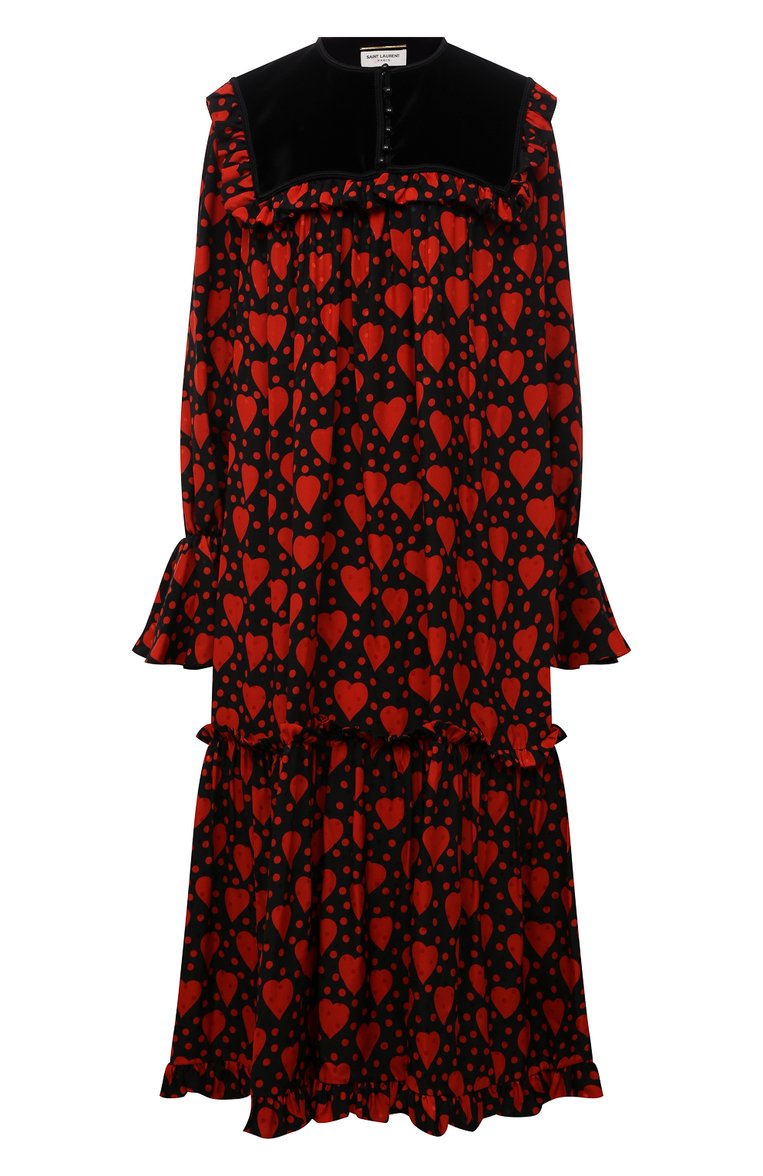 Женское шелковое платье SAINT LAURENT красного цвета, арт. 660912/Y5D46 | Фото 1 (Материал внешний: Шелк; Длина Ж (юбки, платья, шорты): Миди; Материал подклада: Шелк; Рукава: Длинные; Женское Кросс-КТ: Платье-одежда; Стили: Бохо; Случай: Коктейльный)