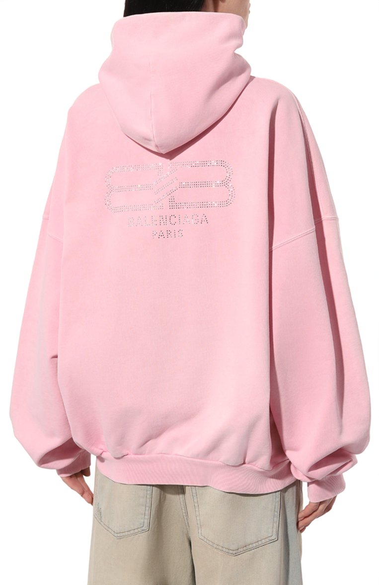 Женский хлопковое худи BALENCIAGA розового цвета, арт. 739024/T0VU9 | Фото 4 (Материал внешний: Хлопок; Рукава: Длинные; Длина (для топов): Стандартные; Драгоценные камни: Проставлено; Материал сплава: Проставлено; Стили: Спорт-шик; Принт: Без принта; Женское Кросс-КТ: Худи-одежда)