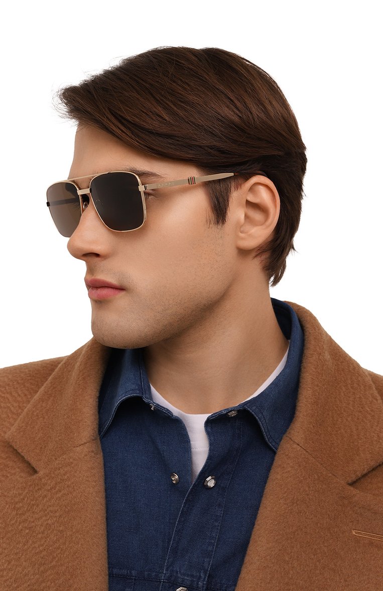 Мужские солнцезащитные очки GUCCI коричневого цвета, арт. GG1441S 002 | Фото 2 (Нос: Не проставлено; Региональные ограничения белый список (Axapta Mercury): Не проставлено; Тип очков: С/з; Кросс-КТ: С/з-мужское; Материал: Металл; Оптика Гендер: оптика-мужское; Очки форма: Квадратные, Авиаторы)