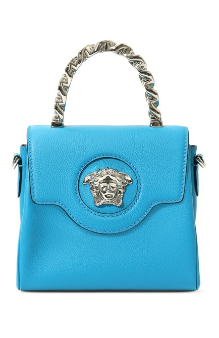 Женская сумка la medusa small VERSACE голубого цвета, арт. DBFI0401A04285 1VB7P | Фото 1 (Ремень/цепочка: На ремешке; Материал сплава: Проставлено; Драгоценные камни: Проставлено; Материал: Натуральная кожа; Размер: small)