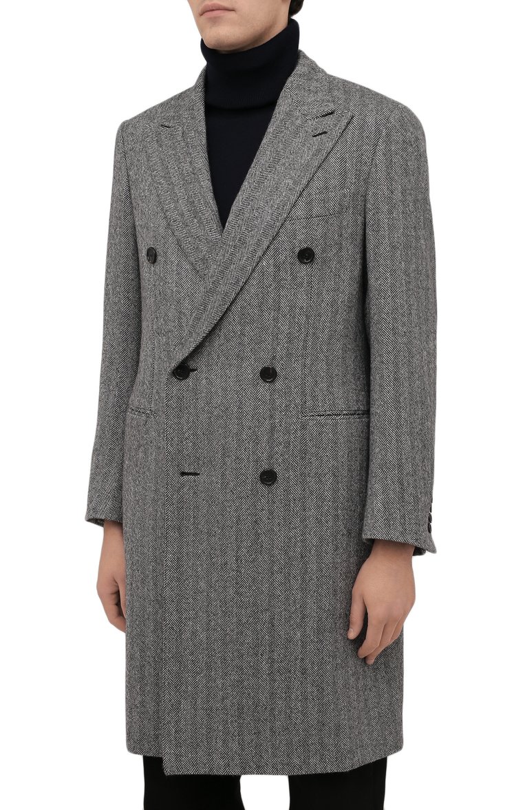 Мужской шерстяное пальто BRIONI серого цвета, арт. R0QY0L/01A2H | Фото 3 (Рукава: Длинные; Материал внешний: Шерсть; Материал подклада: Купро; Длина (верхняя одежда): До колена; Мужское Кросс-КТ: пальто-верхняя одежда; Стили: Классический; 1-2-бортные: Двубортные; Автоматизация состава: Проставлено; Автоматизация ТО: Проставлено)