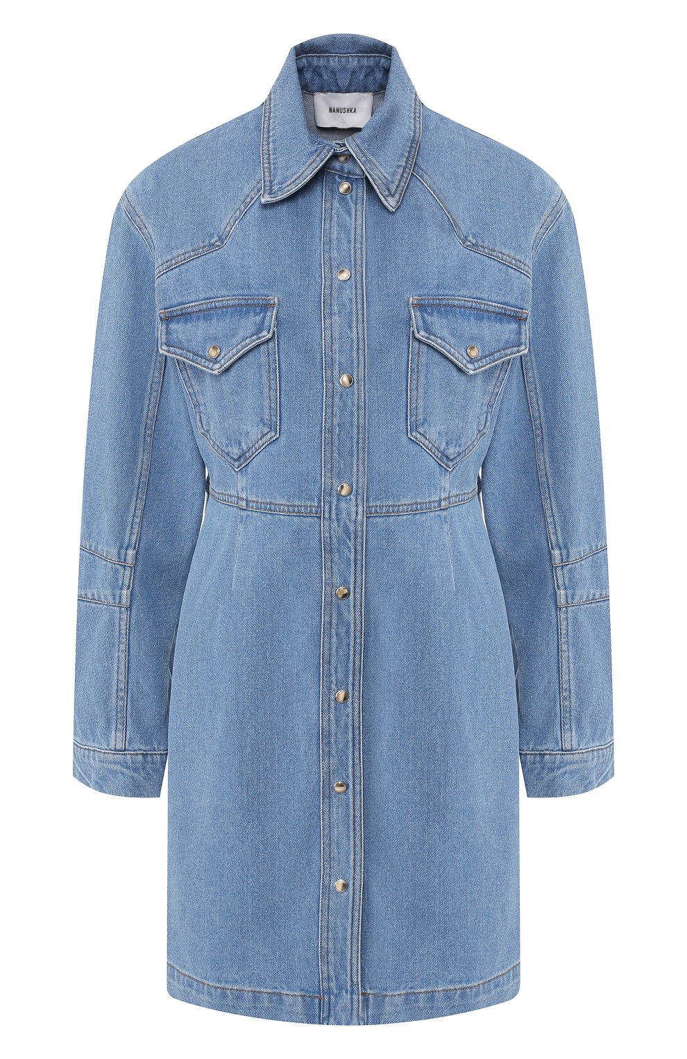 Джинсовое платье NANUSHKA синего цвета по цене 39900 руб., арт. VILMA_90`S BLUE_DENIM, фото 1 Джинсовое платье NANUSHKA, арт. VILMA_90`S BLUE_DENIM, фото 1
