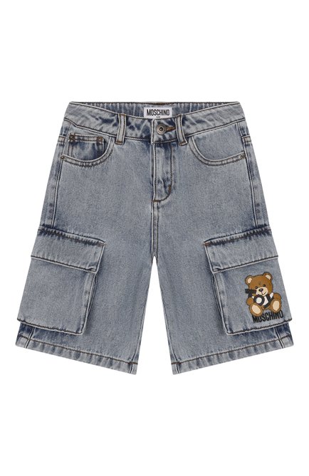 Детские джинсовые шорты-карго MOSCHINO тёмно-голубого цвета, арт. HUQ023/L0E08/4-8 | Фото 1 (Нос: Не проставлено; Материал сплава: Проставлено; Материал внешний: Хлопок)