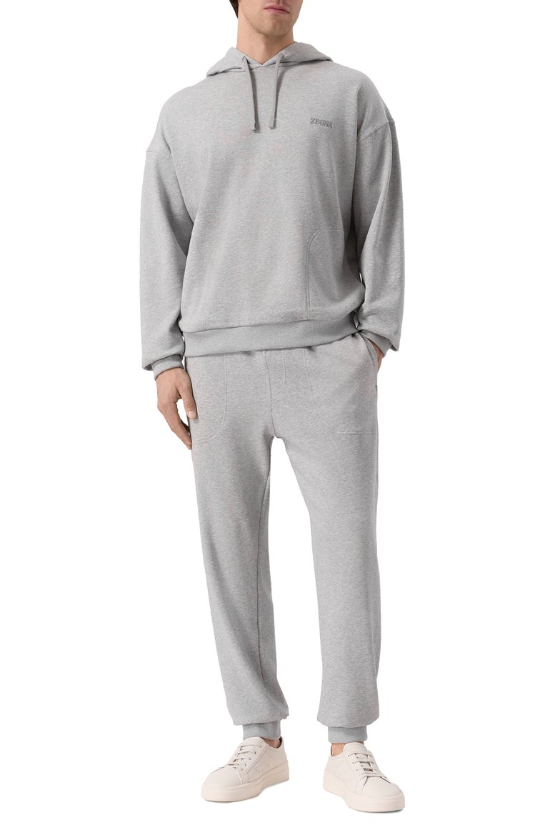 Мужские хлопковые джоггеры ZEGNA серого цвета, арт. N6N00/194 | Фото 2 (Материал внешний: Хлопок; Авт�оматизация ТО: Проставлено; Длина (брюки, джинсы): Стандартные; Автоматизация состава: Проставлено; Силуэт М (брюки): Джоггеры; Стили: Спорт-шик)