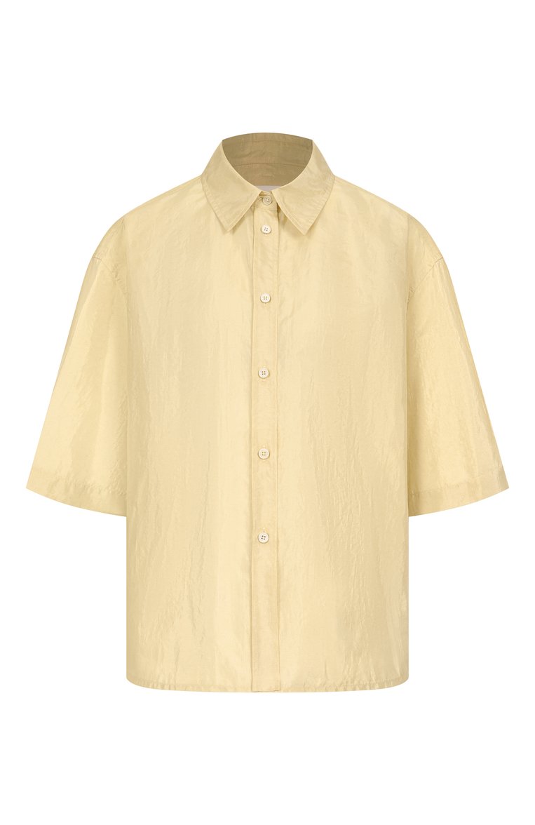 Женская рубашка JIL SANDER желтого цвета, арт. J40DL0167/J70003 | Фото 1 (Длина (для топов): Стандартные; Материал внешний: Синтетический материал, Шелк; Рукава: Короткие; Стили: Кэжуэл; Принт: Без принта; Кросс-КТ: костюм; Женское Кросс-КТ: Рубашка-одежда; Автоматизация ТО: Проставлено; Автоматизация состава: Проставлено)