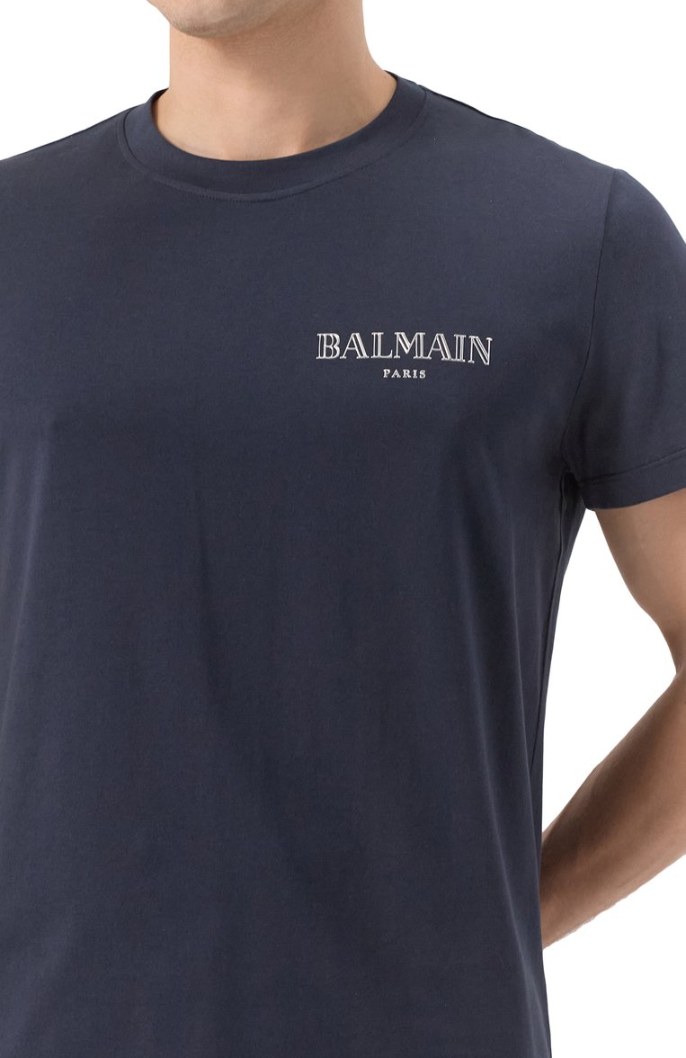Мужская хлопковая футболка BALMAIN темно-синего цвета, арт. EH0EF000/BC98 | Фото 5 (Материал внешний: Хлопок; Длина (для топов): Стандартные; Рукава: Короткие; Принт: С принтом; Стили: Кэжуэл; Мужское Кросс-КТ: Футболка-одежда)