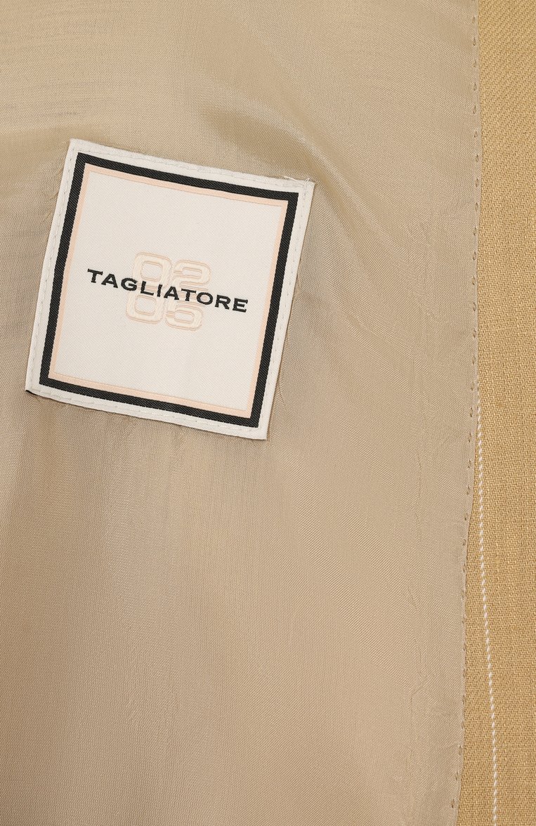 Женский льняной жакет TAGLIATORE 0205 бежевого цвета, арт. J-JASMINE10B/340252 | Фото 7 (Рукава: Длинные; Материал внешний: Лен; Длина (для топов): Удлиненные; Стили: Кэжуэл; Кросс-КТ: костюм; 1-2-бортные: Двубортные; Женское Кросс-КТ: Жакет-одежда)