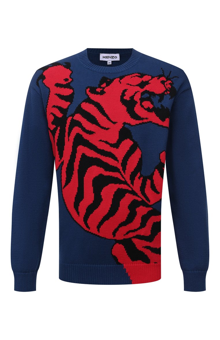 Мужской хлопковый свитер chinese new year KENZO синего цвета, арт. FC55PU695CCA | Фото 1 (Длина (для топов): Стандартные; Материал внешний: Хлопок; Рукава: Длинные; Мужское Кросс-КТ: Свитер-одежда; Принт: С принтом; Стили: Кэжуэл)