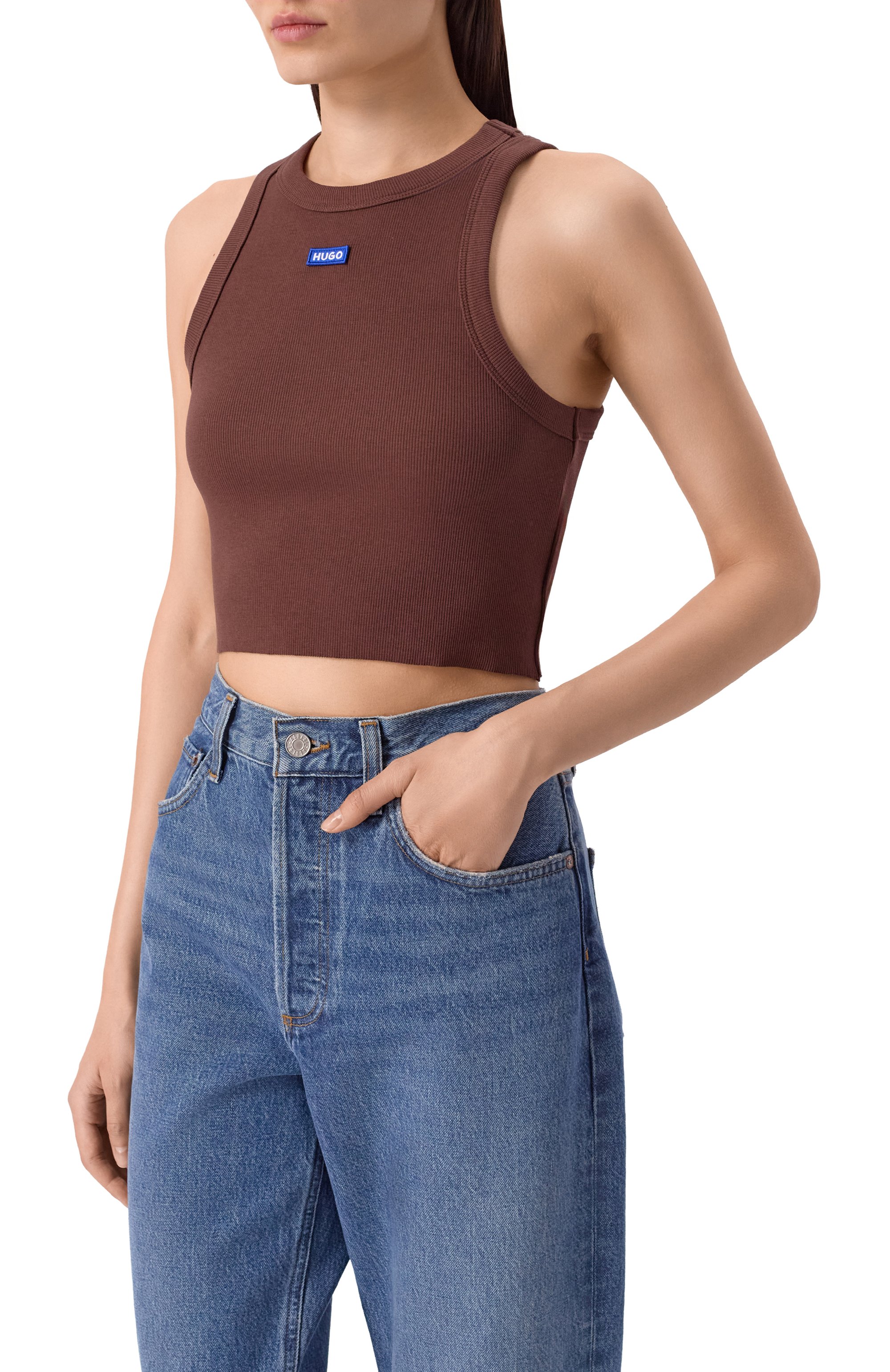 Хлопковый топ HUGO BLUE коричневого цвета по цене 5475 руб., арт. 50511450, фото 3 Хлопковый топ HUGO BLUE, арт. 50511450, фото 3