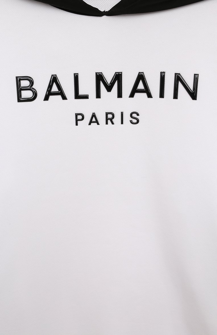 Детский хлопковое худи BALMAIN белого цвета, арт. BV4Q70 | Фото 3 (Рукава: Длинные; Материал сплава: Проставлено; Материал внешний: Хлопок; Драгоценные камни: Проставлено; Мальчики К�росс-КТ: Худи-одежда; Ростовка одежда: 10 - 11 лет | 140 - 146см, 12 лет | 152 см, 8 лет | 128 см, 13 - 15 лет | 158 см, 16 лет | 164 см)