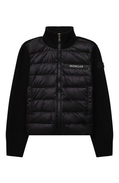 Детский утепленный кардиган MONCLER черного цвета, арт. G2-954-9B510-20-A9646/8-10A | Фото 1 (Материал внешний: Шерсть; Рукава: Длинные; Мальчики Кросс-КТ: Толстовка-одежда; Материал подклада: Синтетический материал; Материал утеплителя: Пух и перо; Ростовка одежда: 10 - 11 лет | 140 - 146см, 8 лет | 128 см)