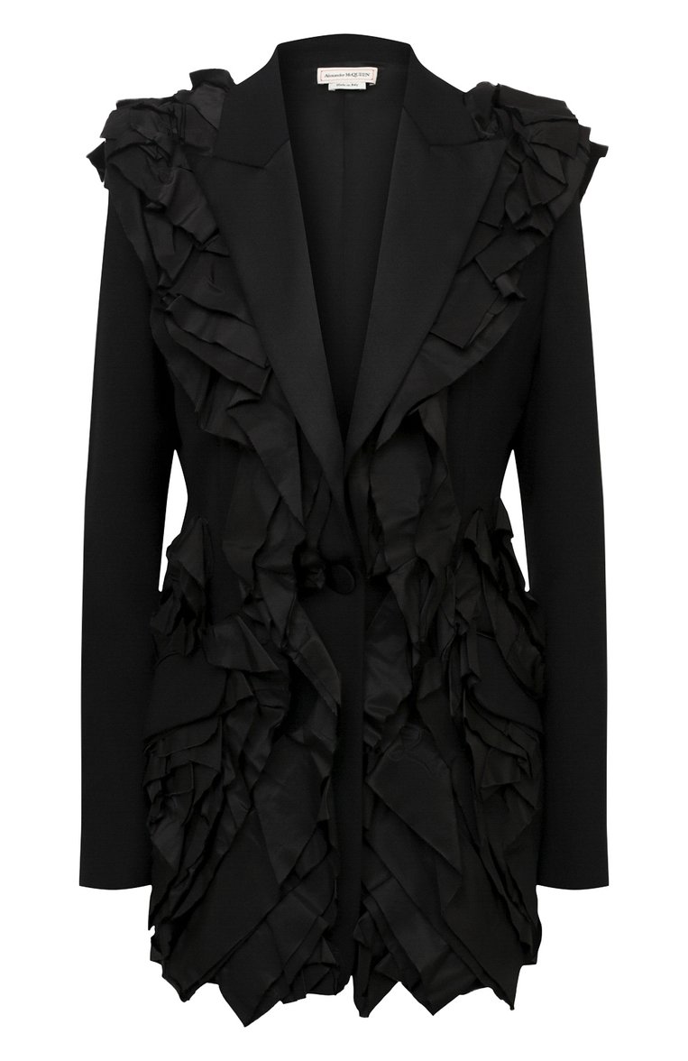 Женский жакет из шерсти и шелка ALEXANDER MCQUEEN черного цвета, арт. 605410/QJAAA | Фото 1 (Рукава: Длинные; Материал подклада: Купро; Материал внешний: Шерсть; Длина (для топов): Удлиненные; Женское Кросс-КТ: Жакет-одежда; Случай: Вечерний; 1-2-бортные: Однобортные; Региональные ограничения белый список (Axapta Mercury): Не проставлено)
