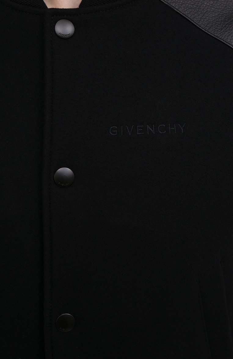 Мужской комбинированный бомбер GIVENCHY черного цвета, арт. BM00N460TH | Фото 5 (Материал внешний: Шерсть; Материал подклада: Купро; Стили: Кэжуэл; Длина (верхняя одежда): Короткие; Мужское Кросс-КТ: Кожа и замша; Кросс-КТ: Куртка, бомбер; Принт: Без принта; Драгоценные камни: Проставлено; Материал сплава: Проставлено; Рукава: Длинные)