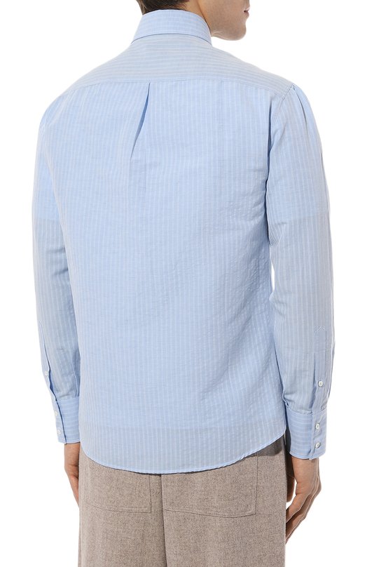 Рубашка из хлопка и льна Brunello Cucinelli MM6380028 Голубой  MM6380028 Фото 4