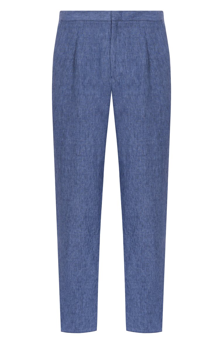 Мужские льняные брюки EMPORIO ARMANI синего цвета, арт. EM000496/TE10410 | Фото 1 (Материал внешний: Лен; Длина (брюки, джинсы): Стандартные; Автоматизация состава: Проставлено; Автоматизация ТО: Проставлено; Случай: Повседневный; Стили: Кэжуэл)