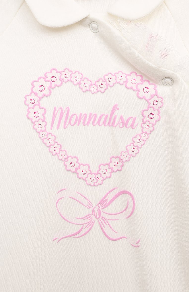 Детский комплект из комбинезона и шапки MONNALISA молочного цвета, арт. 35D502 | Фото 6 (Материал внешний: Хлопок; Нос: Не проставлено; Ростовка одежда: 9 мес | 74 см, 0 - 3 мес | 50 - 60 см, 6 мес | 68 см)