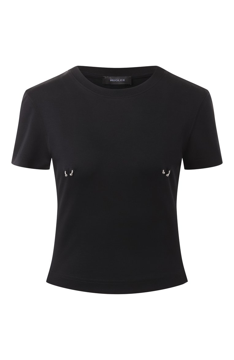 Женский хлопковый топ MUGLER черного цвета, арт. 25P3TS01086016 | Фото 1 (Рукава: Короткие; Длина (для топов): Укороченные; Принт: Без принта; Стили: Гламурный, Панк; Материал внешний: Хлопок)