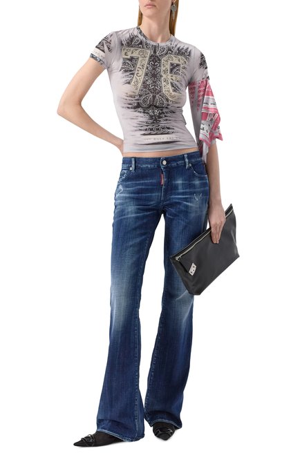 Женские джинсы DSQUARED2 синего цвета, арт. S72LB0844/S30342 | Фото 2 (Драгоценные камни: Проставлено; Длина (брюки, джинсы): Удлиненные; Материал сплава: Проставлено; Материал внешний: Хлопок)