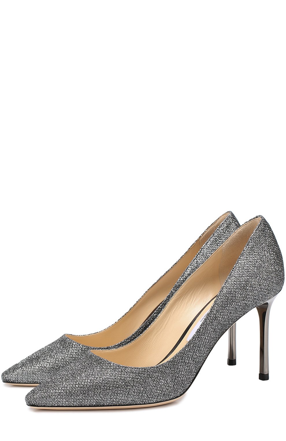 Туфли romy 85 из металлизированного текстиля JIMMY CHOO серебряного цвета по цене 62350 руб., арт. R0MY 85/LAG, фото 1 Туфли romy 85 из металлизированного текстиля JIMMY CHOO, арт. R0MY 85/LAG, фото 1