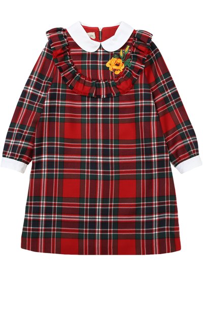 Шерстяное мини-платье в клетку с оборкой и аппликацией GUCCI, арт. 477737/XBB98, фото 1