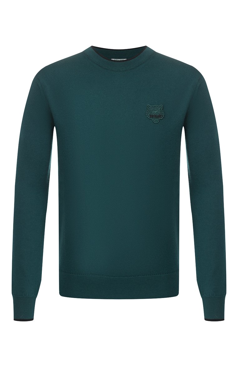 Мужской шерстяной джемпер KENZO зеленого цвета, арт. F965PU2023AB | Фото 1 (Материал внешний: Шерсть; Длина (для топов): Стандартные; Рукава от горловины: Длинные; Мужское Кросс-КТ: Джемперы; Рукава: Длинные; Статус проверки: Проверено, Проверена категория; Принт: Без принта; Вырез: Круглый; Стили: Кэжуэл)