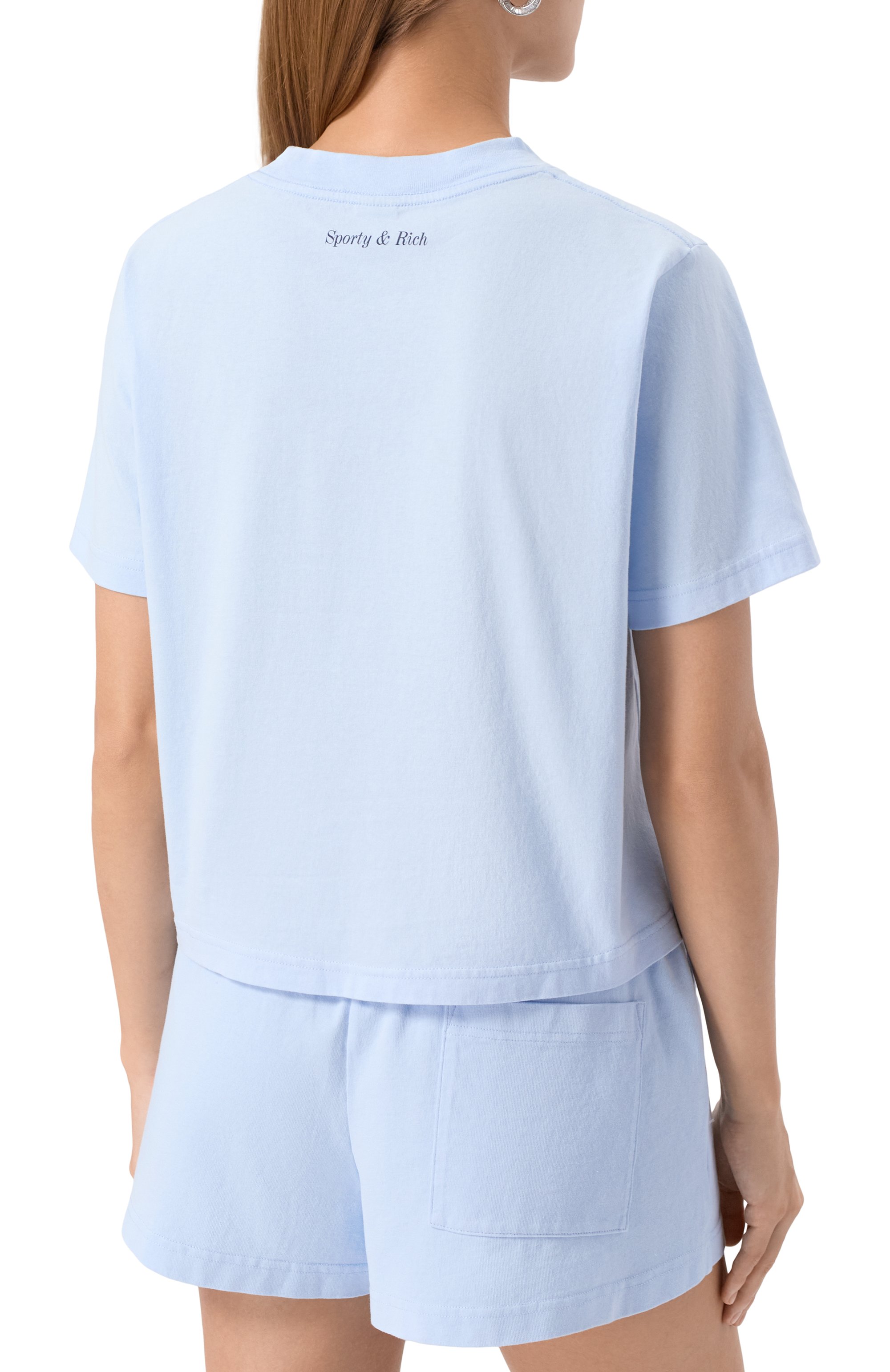 Хлопковая футболка SPORTY AND RICH голубого цвета по цене 9950 руб., арт. T0047602010BL90, фото 4 Хлопковая футболка SPORTY AND RICH, арт. T0047602010BL90, фото 4