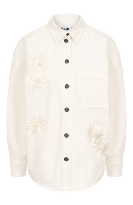 Женская джинсовая рубашка MSGM белого цвета, арт. 3841MDE233X/257273 | Фото 1 (Материал сплава: Проставлено; Материал внешний: Хлопок; Длина (для топов): Удлиненные; Рукава: Длинные; Драгоценные камни: Проставлено)